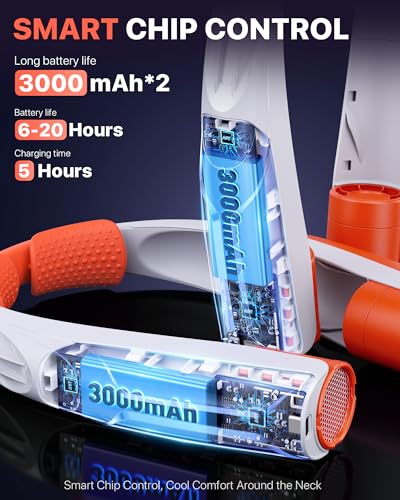 Image of AaoLin Portable Neck Fan with 6000mAh Battery, USB-C Rechargeable, Orange Hands-Free Personal Fan 6 Speeds, 6-20Hrs Cooling for Outdoor Sports /Gym /Office, Adjustable 11oz Lightweight, Neck Cooler