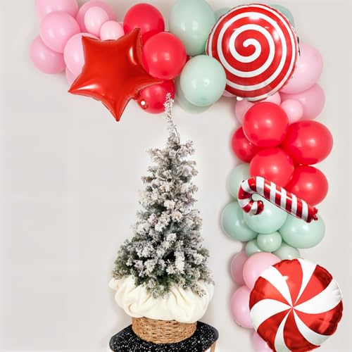 Image of Christmas Balloons Set, 35pcs Xmas Baby Pink Red Light Green and Candy Cane Star Foil Balloons for Merry Christmas Candy Theme Candyland Party Baby Shower Gender Reveal New Year Decorations Supplies
