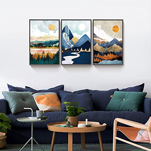 Time Tree 3 Piece Metal Framed Canvas Wall Art Shining Sun Over Blue Mountain Abstract Forest Nature Scenery Artwork Modern Season Painting For Office, Living Room 16"X24" Black #TOP2