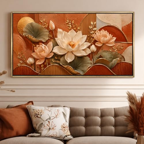 Image of PAPER PLANE DESIGN Elegant Floral Canvas Art with Vintage Gold Floating Frame, 2 x 4 Feet Ready to Hang Canvas Art for Home Decor - FLR-082