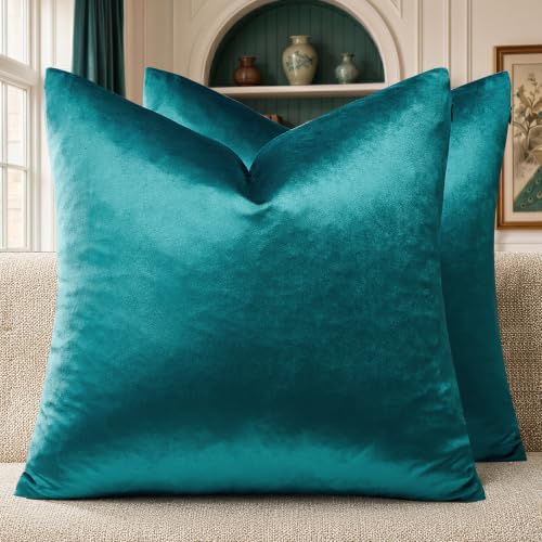 Image of GIGIZAZA Decor Throw Couch Pillow Covers,Sofa Cushion Green Pillow Covers,20 x 20 Pillow Velvet Cushion Covers (Peacock Green, 20 x 20- Set of 2)