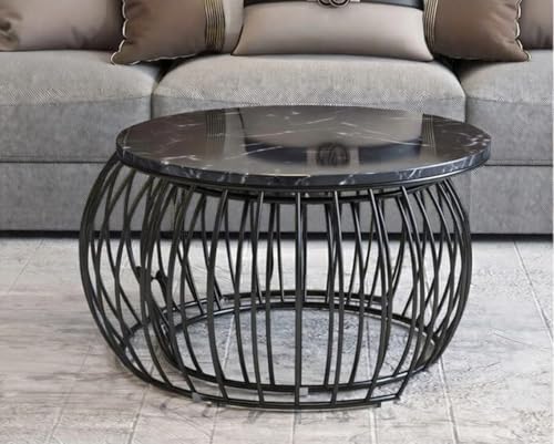 Image of Modern Coffee Tables Round Marble Laminated Tables Set of 2, Stacking Couch Center Table with Golden Metal Frame for Living Room, Bedroom or Apartments (Z Black)