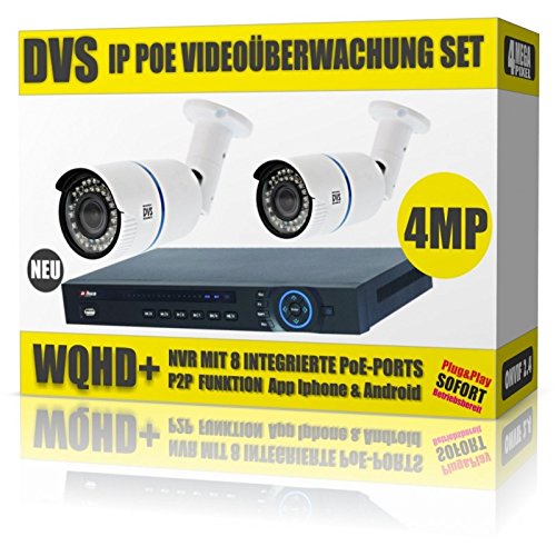 Preisvergleich Produktbild DVS Germany - 4 MEGAPIXEL PoE Videoüberwachung Set mit 2 IP PoE Kameras und PoE NVR - DVDH-IPC2SET1 - 8000GB Festplatte