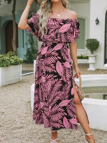 Image of CUPSHE Women Ruffle Floral Maxi Summer Dress Off Shoulder Short Sleeve Backless Flounce Bodice Slit Hem Beach Dresses