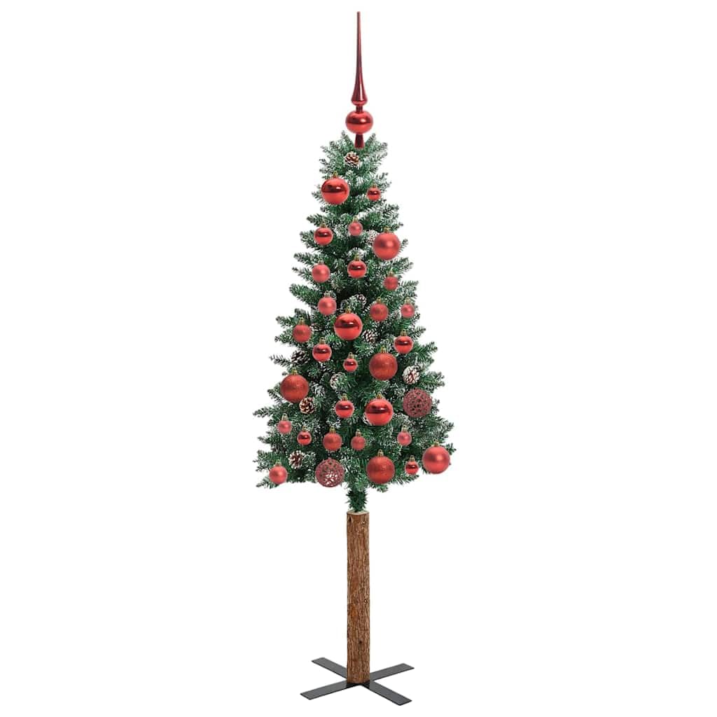 Albero di Natale Artificiale Sottile in PVC e Legno di Pino con 150 LED, Design Salvaspazio con Effetto Neve, Albero di Natale con Luci Incorporate, Christmas Tree, Verde e Bianco, 150 cm