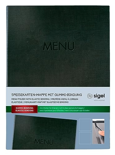 Sigel Sm206 Portamenù Con Cordino Elastico E 2 Tasche Trasparenti Per 8 Fogli Din A4, Con Stampa Del Menù, Antracite, 1 Pezzo