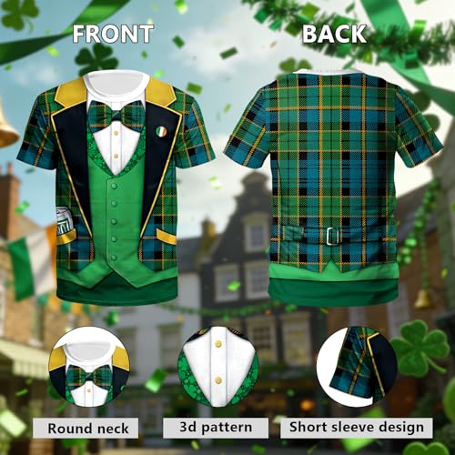 Image of Eciodci Men's St Patricks Day T-Shirts Novelty 3D Printed Shamrock Tuxedo Tees Shirt Clover Leaves Casual Short Sleeve Shirts