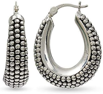 LeCalla 925 Sterling Silver Caviar Hoop Earrings Medium Oval Antique Oxidized Lightweight Click-Top Beaded Hoops for Women - 27MM - Image 3