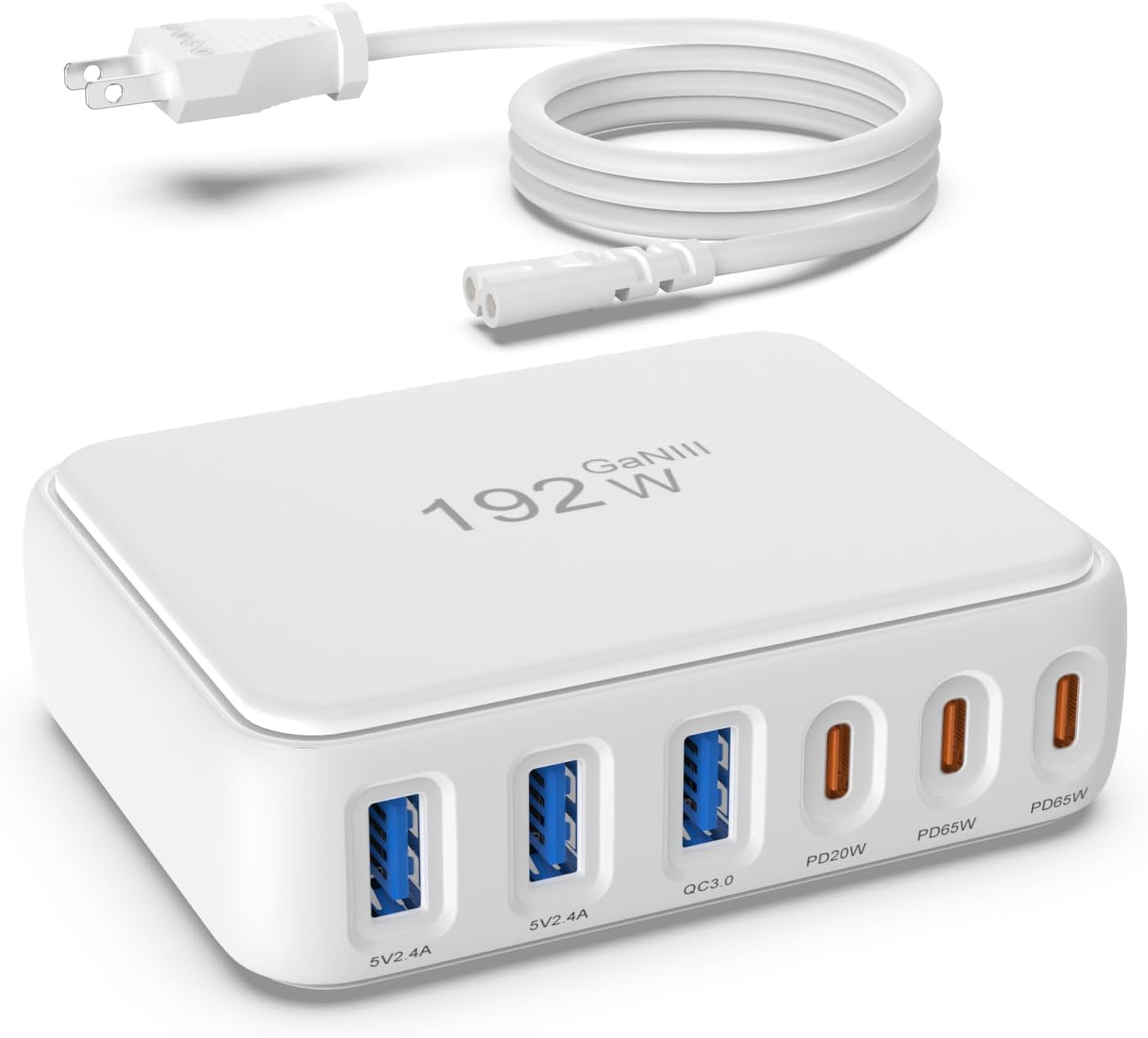 USB C Charger Block, 192W 6-Port Fast Charging Station, 65W GaN Power Adapter for Laptops, Standard Charge for Phones/Tablets, Compatible with MacBook/iPhone 16/iPad/Samsung