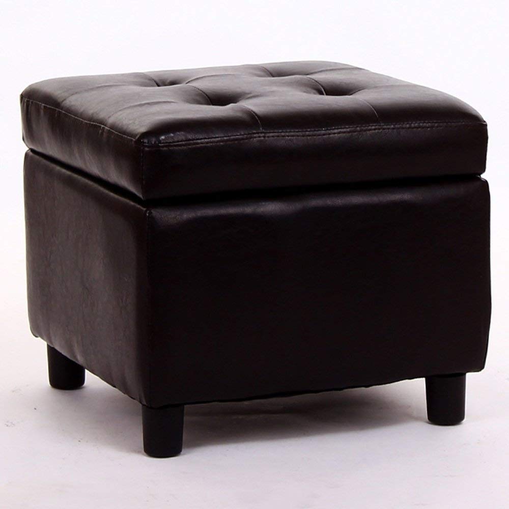 Tabouret de rangement carré en bois et cuir pour salon