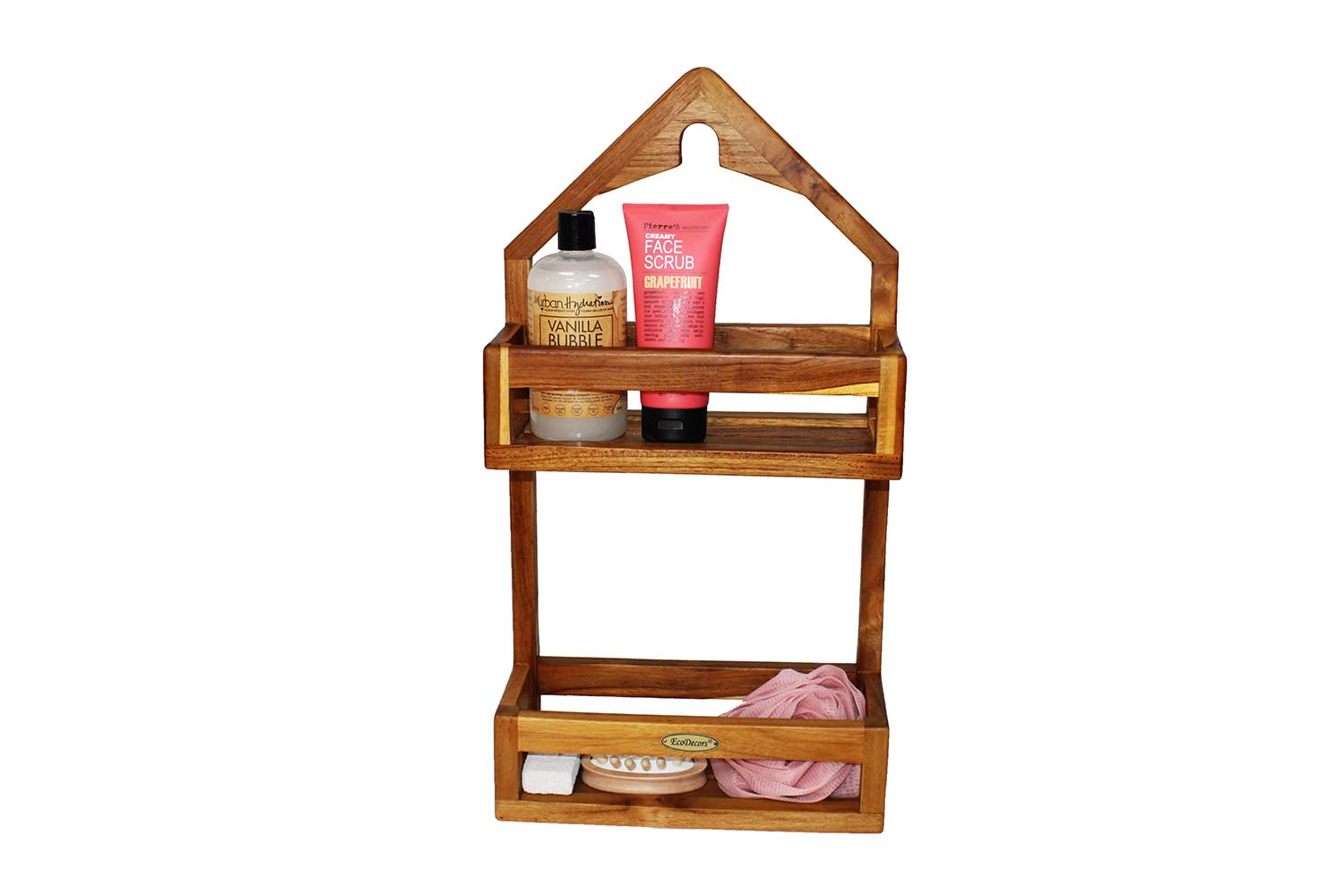 EcoDecors Teak Shower Caddy Solid Wooden Organizer Rack Over Shower Head Rustproof Eco-Friendly Bathroom Storage Shelf Fully Assembled