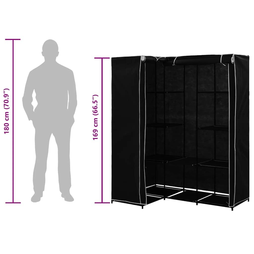 Eckkleiderschrank Schwarz 130 x 87 x 169 cm mit 2 Drehtüren, Stauraum Organizer für Kleidung Schuhe Wäsche und Jacken in Schlafzimmer Kinderzimmer