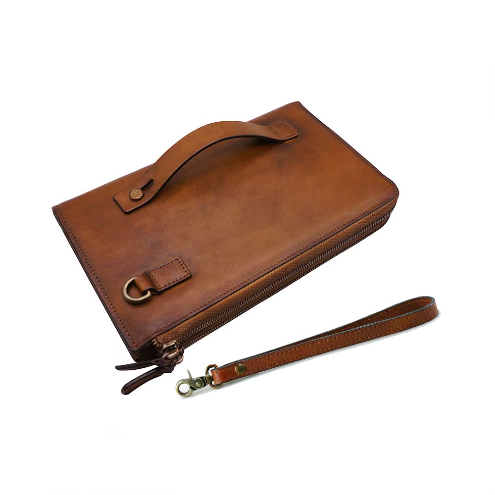 ORIREAL Mens Wristlets Clutch Bag Genuine Leather Wallets Handbag Luxury Purses (Brown)
