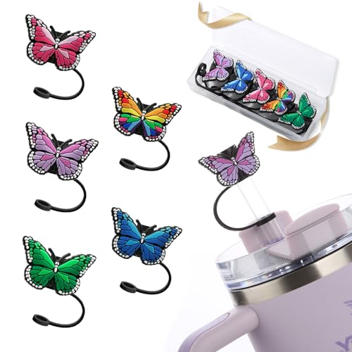 5Pcs Butterfly Straw Toppers f 9-10mm Straws, Silicone Straw Cover Cap for Stanley Cup Accessories, Purple Pink for Stanley Tumbler 40&30 oz, Reusable Straws Tops Compatible 10mm