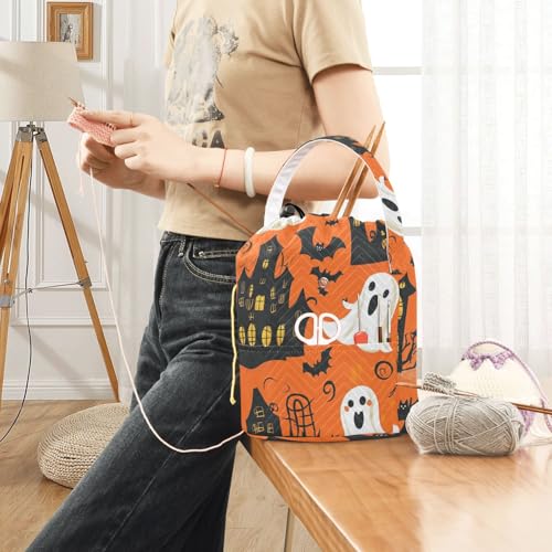 Image of Tatenale Crochet Bag Yarn Bag Knitting Project Bag with Pockets and Handle Portable Yarn Storage Organizer Tangle Free 8.3x11 InchFunny Orange Halloween Bat Castle Ghost Pumpkins17