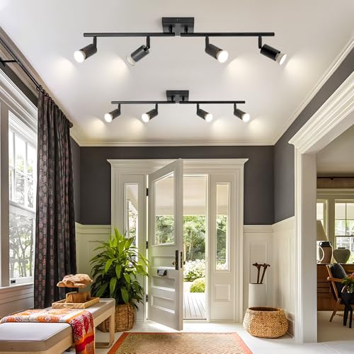 Image of 4-Light GU10 Track Lighting, Black Adjustable Ceiling Spot Light Kit, Industrial Flush Mount LED Track Light for Kitchen, Hallway, Living Room