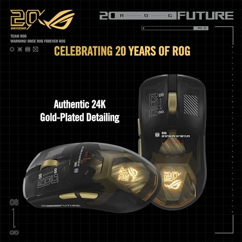 Image of ASUS ROG 20th Edition Harpe II Extreme - Wireless Esports Gaming Mouse - 82g Lightweight, Tri-Mode Connectivity, 65K DPI, 8K Hz Polling, 24K Gold-Plated, Web Config - Gold /Black