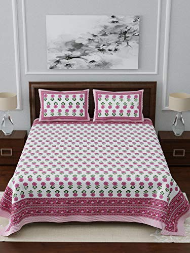 Image of LIVING ROOTS Ethnic Rajasthani /Jaipuri /Sanganeri Block Print 100% Cotton Super King Size 100 * 108 Bedsheet with 2 Pillow Covers (41A)