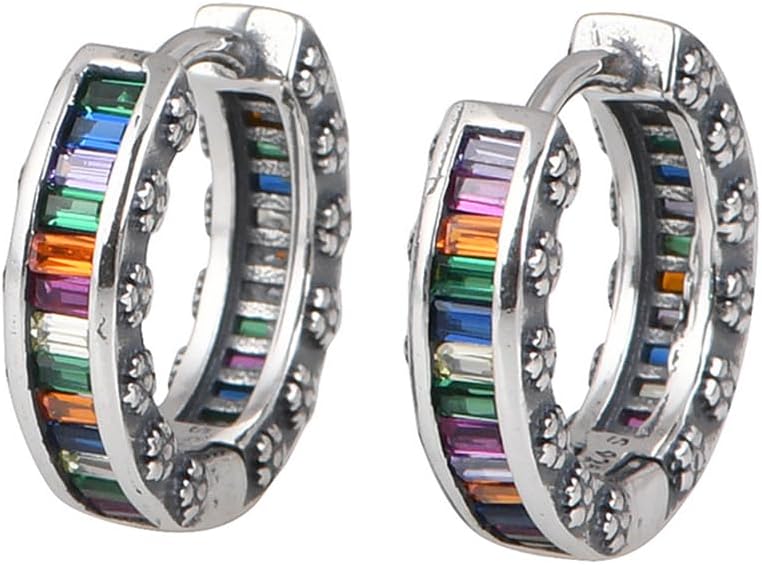 Colorful Hoop Earrings 925 Sterling Silver Huggie Earrings with Multi-colors Cubic Zirconia Pride Rainbow Earrings for Women
