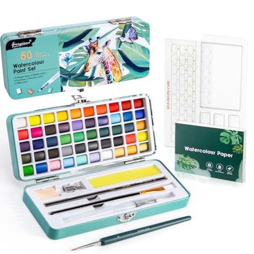 Prudiut Conjunto de tinta aquarela, 50 cores, conjunto de aquarela com papel aquarela, paleta, pincéis, ideal para adultos crianças iniciantes artistas