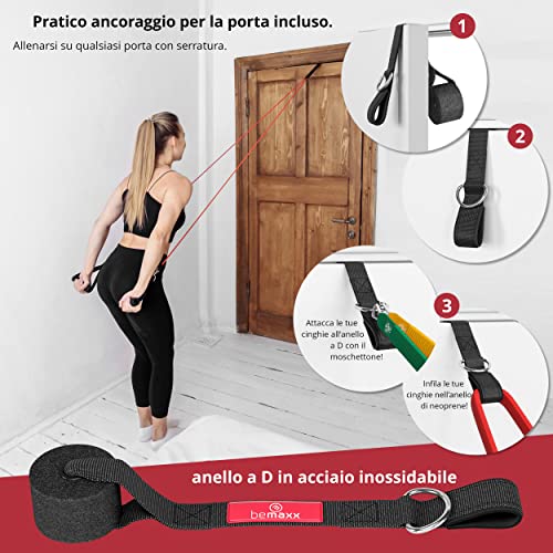 Set di fasce di resistenza + piano allenamenti - Kit elastici: 5 bande elastiche lattice, maniglie, cinghie per caviglie + ancoraggio, gancio da porta | Tubi fitness palestra sport stretching