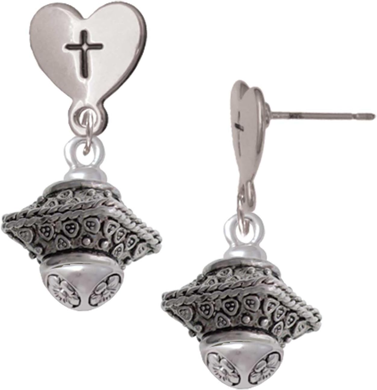 Delight Jewelry Silvertone Large Fancy Square with Rope Border Spinner Cross in Heart Post Dangle Earrings