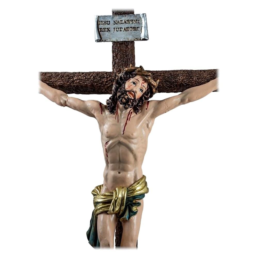 Cristo Cruz Crucificado Figura 50 cm. Imagen Resina Jesús Ojos Abiertos Cruz Color Madera