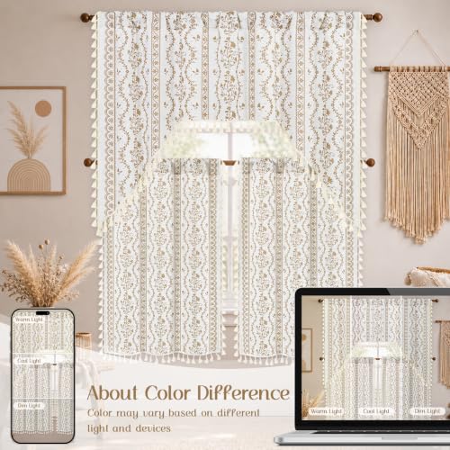 Image of Yinhua Boho Swag Valance Curtains Vintage Linen Valances for Windows Light Filtering Floral Kitchen Valance Rod Pocket Rustic Tassel Window Valances for Bathroom Cafe, 60 inch W x 36 inch L, White Beige