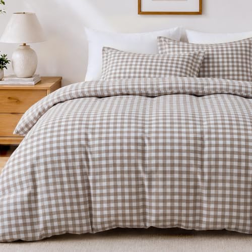 JOLLYVOGUE Brown Gingham Duvet Cover Queen Size Ultra Soft Brushed Microfiber Tan Plaid Duvet Cover Set Oeko-TEX Certified Breathable Checkered Bedding Set (Queen 90x90 No Comforter)