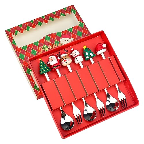 LANSKYLAN 6 PCS Cucharas y Tenedores de Navidad Cucharas de Café Navideñas Cuchara Agitadora de Café de Acero Inoxidable Cubiertos de Navidad con Caja de Regalo para Postre Sopa de Té (Plata)