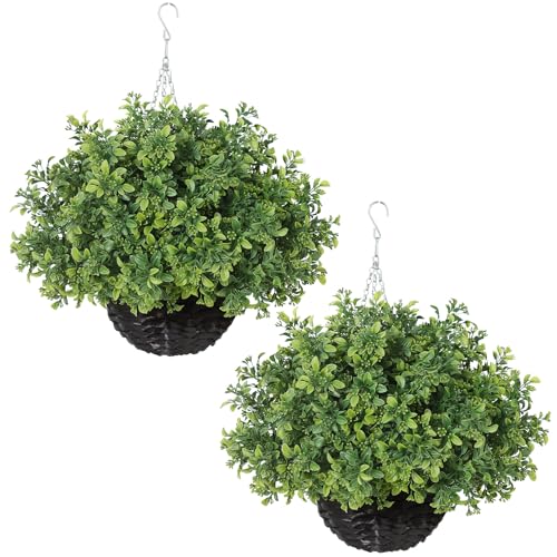 2PCS Artificial Boxwood Plants with Hanging Basket - Fake Aglaia Odorata Hanging Planters Faux Greenery UV Resistant Eucalyptus Leaves for Front Porch Patio Garden Farmhouse Home Decor (Green)