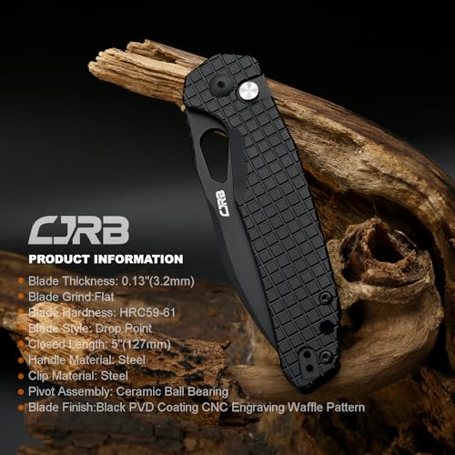 Image of CJRB Frack Pocket Knife, 3.9 inch AR-RPM9 Steel Blade PVD Coating Frag Pattern Steel Handle EDC Knife, Button Lock Knife for Outdoor Camping Gift, Black (J1931)