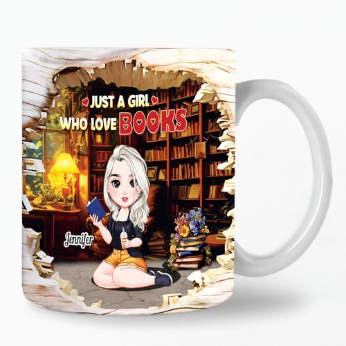 Image of Personalized Books Lover Mug, 11oz 15 oz Ceramic Coffee Cup, Just A Girl Who Loves Reading Books Design, Gift for Women Readers, Christmas (Girl Reading Book-03)