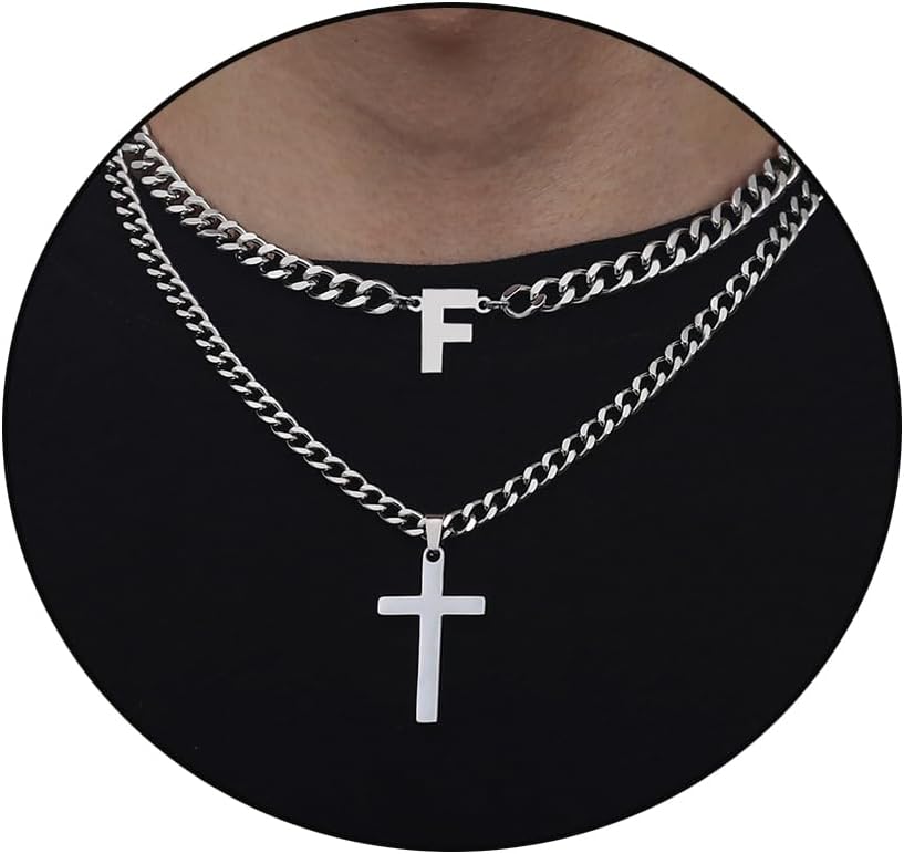 Honsny Layered Cross Initial Necklace for Men, Silver Stainless