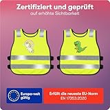 PURAHELP® Warnweste Kinder (3-12 Jahre) Sicherheitsweste [2 Stück - Dino & Einhorn] für den Schulweg, Fahrrad, Kindergarten - Reflektierende Warnweste Gelb