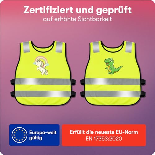 PURAHELP® Warnweste Kinder (3-12 Jahre) Sicherheitsweste [2 Stück - Dino & Einhorn] für den Schulweg, Fahrrad, Kindergarten - Reflektierende Warnweste Gelb