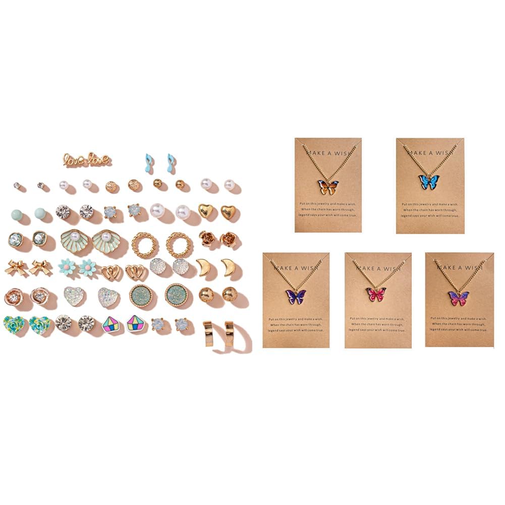 Shining Diva Fashion Women’s 30 Pairs Combo Set Latest Stylish Crystal Pearl Earrings (15283Er) & 5 Pcs Latest Stylish Butterfly Jewellery Necklace Set Pendant Necklace Gifts (15200Np)