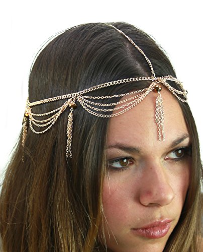 Women's Bohemian Fashion Head Chain Jewelry - 4 Draping Chain Strand Faceted Bead Charm, Gold-Tone