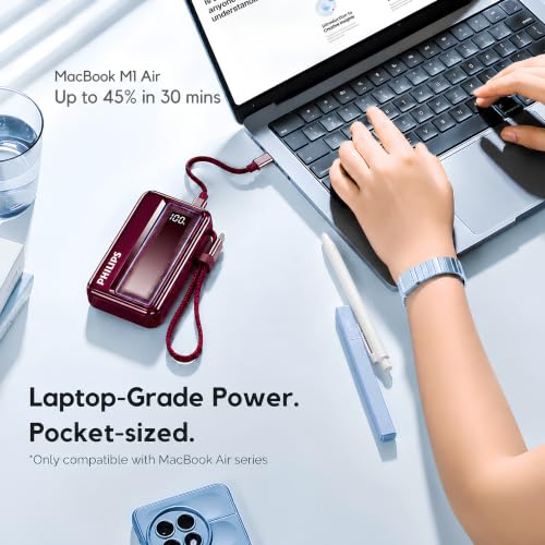 Image of Philips DLP2721NR /94 20000mAh 45W Fast Charging Power Bank with Built-in Type-C Cable (Iron Red) | Digital LED Display | Lithium Polymer | 2 Type-C & USB-A | Pocket Size | Compact & Travel-Friendly