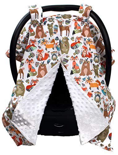 Image of Dear Baby Gear Deluxe Baby Car Seat Canopy Cover, Tribal Woodland Forest Animals, Dot, White