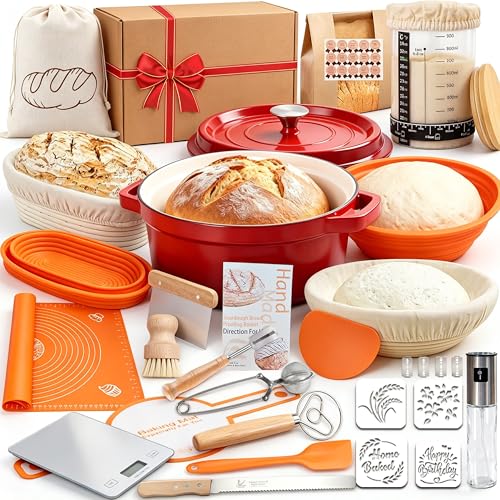 All-Inclusive Sourdough Starter Kit with Enameled Cast Iron Dutch Oven & Scale - Premium Bread Making Tools with 4 Banneton Proofing Baskets, Beginner Guide, Sling, 34oz Starter Jar, Best Baking Gifts