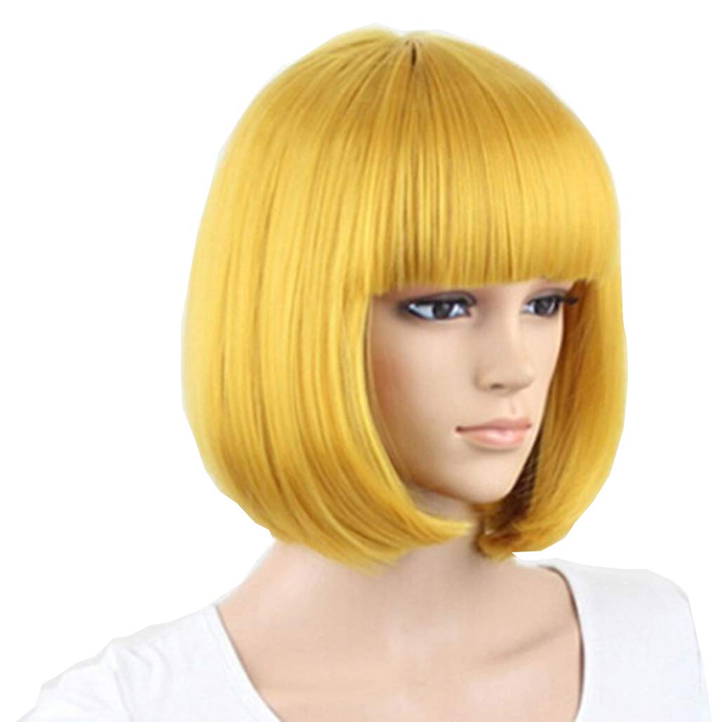 Brussels08 Fashion Women's Bobo Hair Wig - Short Straight Bangs Heat Resistant Full Synthetic Bob Hair For Halloween Cosplay Party Fancy Dress Daily Use Yellow