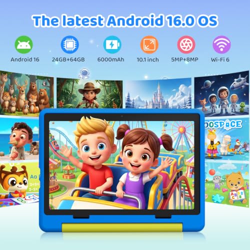 Image of Urao Kids Tablet, Android 16 Tablet for Kids 10 inch with Case, 24GB RAM 64GB ROM 1TB TF Card Expandable for Toddler Children, Parental Control, Dual Camera, WiFi,Gift