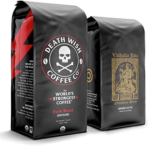 Death Wish Coffee Dark Roast Grounds 16 Oz & Valhalla Java Dark Ground Coffee 12 Oz- Extra Kick of Caffeine in 1 Powerful Bundle - Hardcore Coffee from Arabica & Robusta Beans for Tough Days