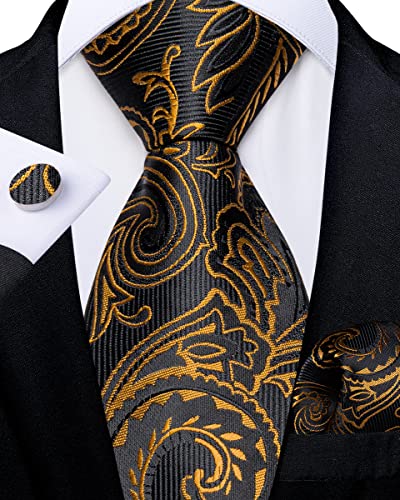 Image of DiBanGu Silk Zipper Ties for Men,Paisley Solid Plaid Pre-tied Tie and Pocket Square Cufflinks Set Formal Adjustable Necktie