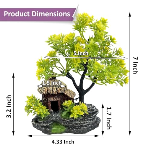 Image of JAINSONS PET PRODUCTS 7 Inch Aquarium Decor Artificial Tree with Hut, Durable Plastic Fish Tank Ornament for Freshwater and Saltwater Aquarium Decoration