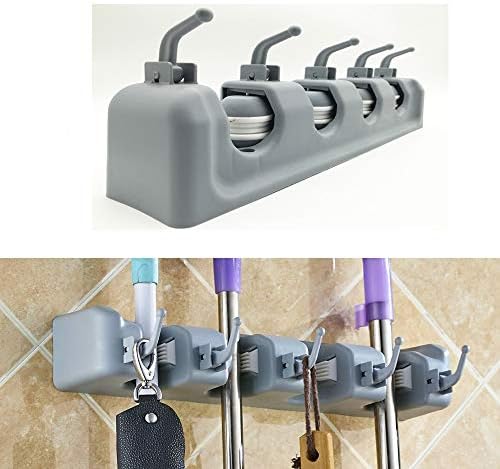 RIJAHO Mop Broom Holder Wall Mounted, Broom Hanger Organizer For Brush Mop And Broom Tool Storage 4 Position Storage Rack with 5 Retractable Hooks Holds up to 9 Tools-Gray