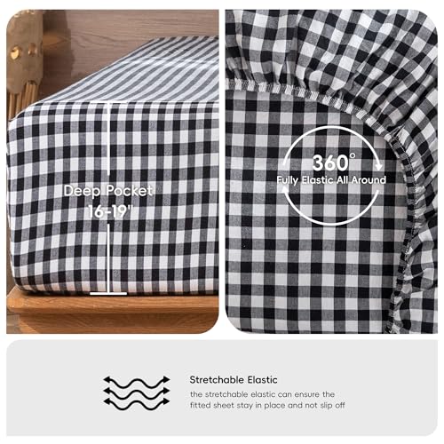 Image of MooMee Gingham Sheet Set 100% Washed Cotton Linen Like Textured Breathable Soft w /Fully Elasticized 16-19 inch Deep Pocket (Classic Gingham Black White, Queen)