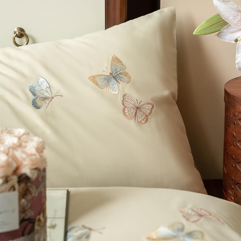 Sage Butterfly Bedding Set - Reversible 100% Brushed Cotton with 146,800-Stitch Embroidery, Full (Pale Green & Ivory Reverse)