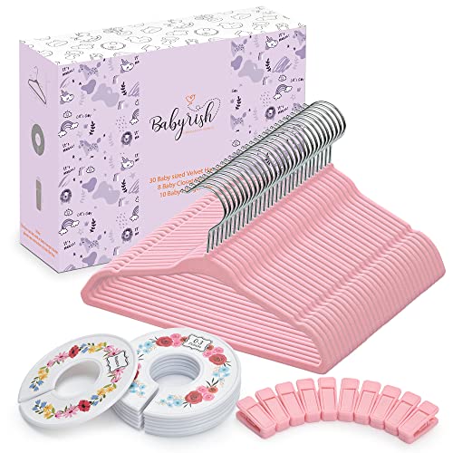 Image of Babyrish Velvet Baby Hangers 30 Pack, Ultra Thin Nonslip Nursery Clothes Hangers with 8pcs Cute Clothing Dividers and 10pcs Hanger Clips for Baby Boys & Girls Closet Organizer, Pink Kids Hangers